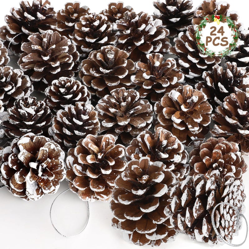 Helimoto 24 PCS Natural Pine Cones, 1.96 in Pinecone Ornaments, Pine Cones for Crafts with Sliver String, Decorative DIY Pine Cones for Christmas Tree Christmas Table Decorations, Winter Decor Vase Filler - Image 1